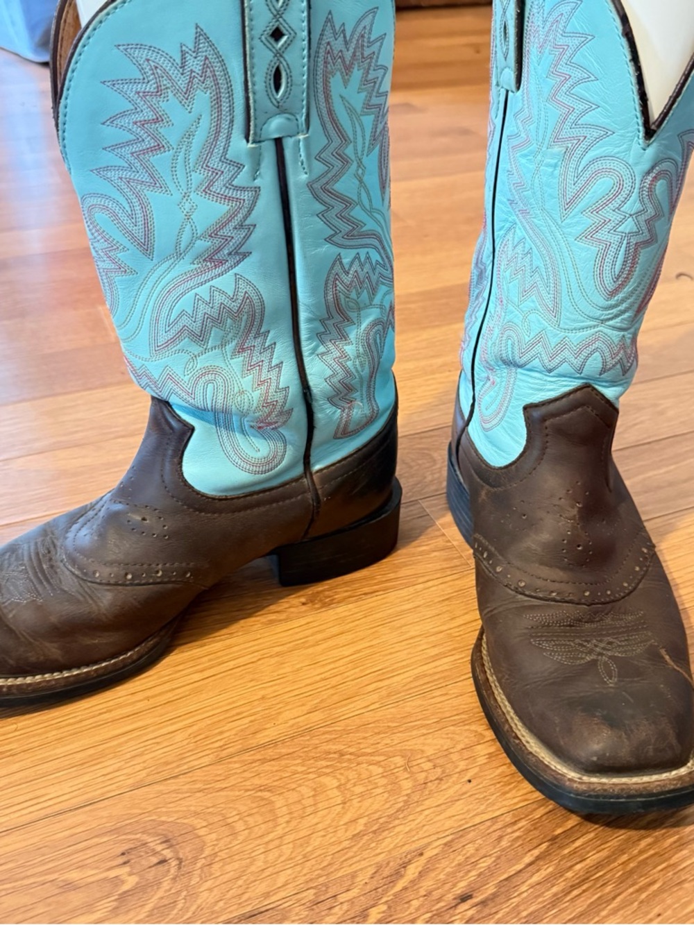 Justin Boots Brown Leather Foot & Turquoise Stitch Tall Western Cowboy Boots